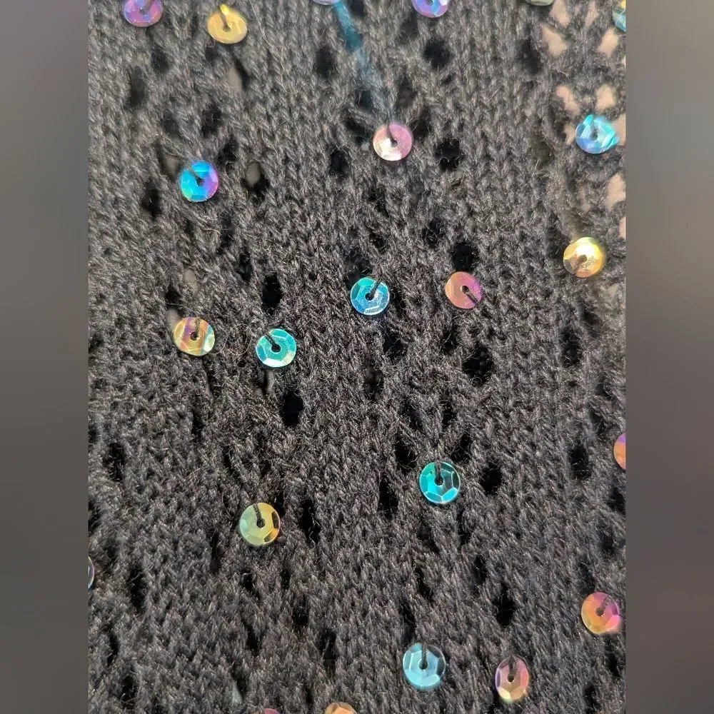New Black Long Cable Knit Button Belted Cardigan Sweater Sequins Crochet Size M